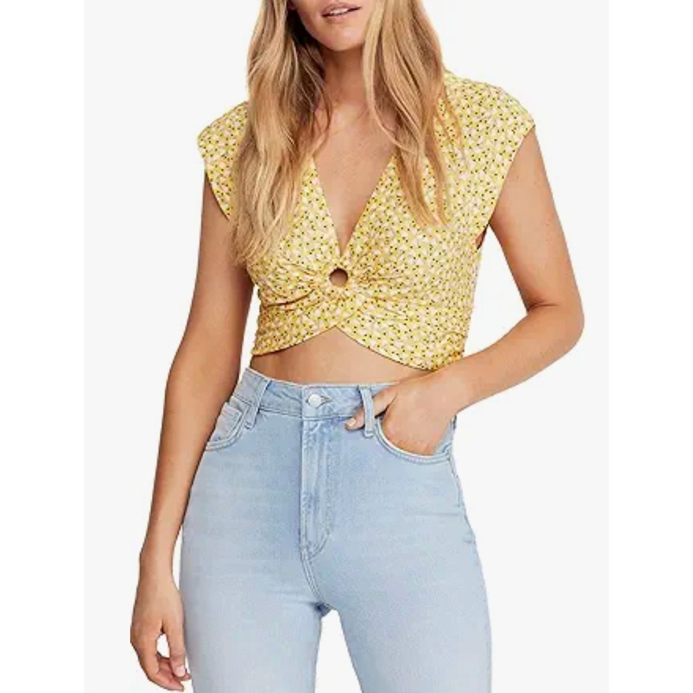 Free People Womens Havana Honey V-Neck Crop Top Linen Blend Small Boho Chic $68